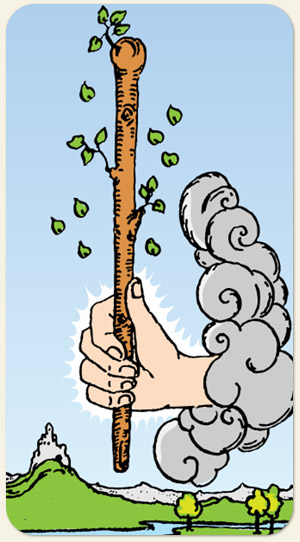 As de Bastos del Tarot: una mano sostiene una vara de madera con brotes verdes entre nubes
