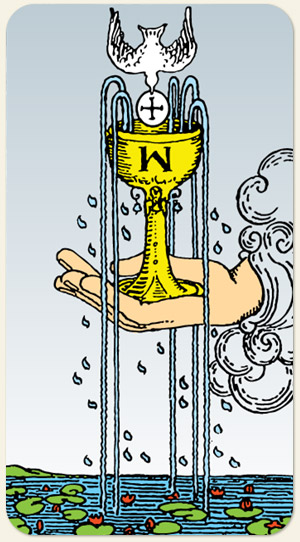 As de Copas del Tarot: una mano sostiene un cáliz dorado con una paloma descendiendo