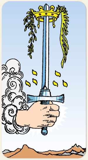 As de Espadas del Tarot: una mano empuña una espada coronada con guirnaldas