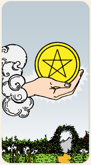 As de Oros del Tarot: una mano sostiene una moneda dorada con un pentagrama sobre un jardín