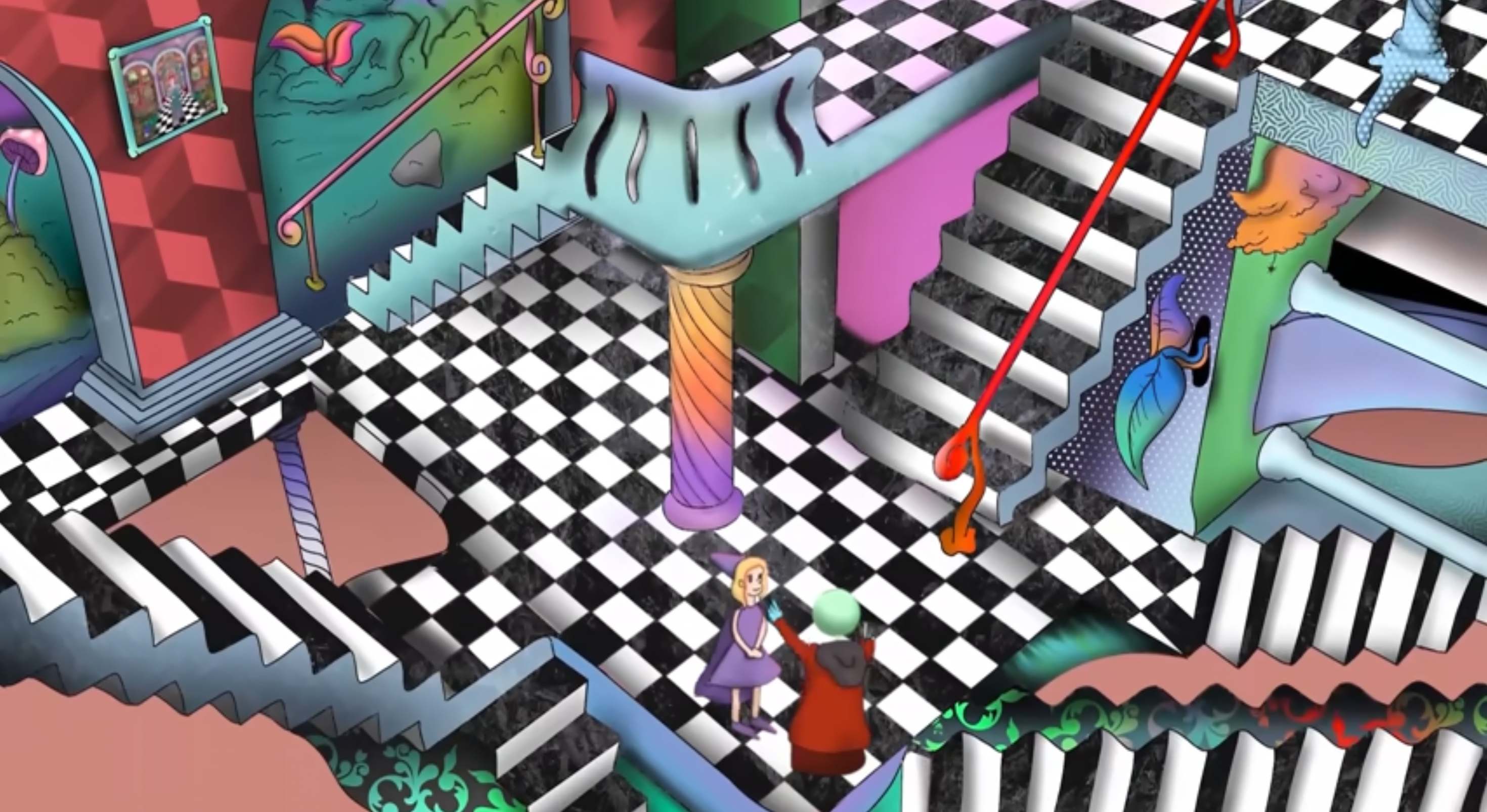 Ilustración isométrica de escaleras imposibles sobre un suelo de ajedrez, con dos figuras contemplando la estructura